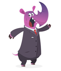 Cartoon funny smiling rhino wearing toxedo or business suit.  Vector illustration