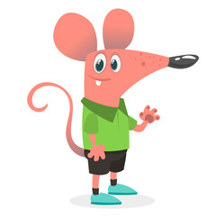 Cartoon funny and happy mouse or rat wearing modern fancy style clothes. Vector illustration isolated