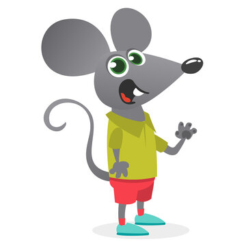 Cartoon funny and happy mouse or rat wearing modern fancy style clothes. Vector illustration isolated