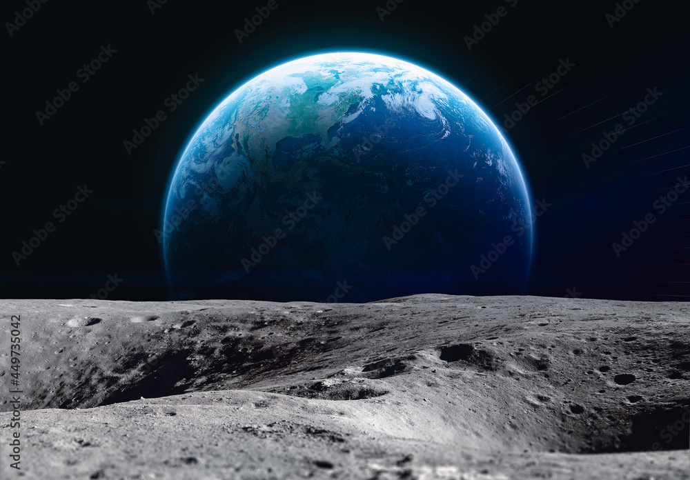 Aufkleber Moon surface and Earth planet in outer space. Exploration of Solar system. Artemis space program. Elements of this image furnished by NASA