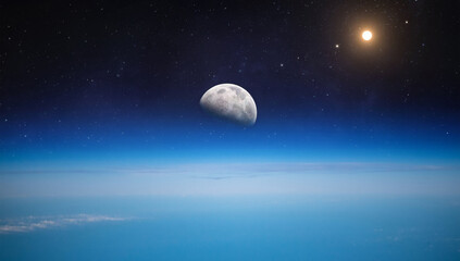 Orbit of Earth planet. Moon and Sun on horizon. Atmosphere of Earth. Border of outer space. Blue...