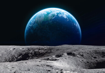 Moon surface and Earth planet in outer space. Exploration of Solar system. Artemis space program....