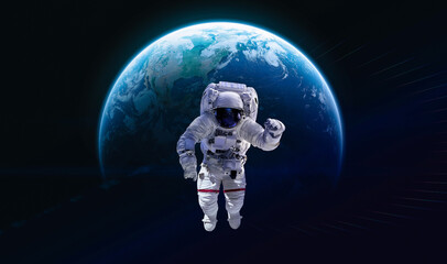 Fototapeta na wymiar Astronaut in outer deep space on orbit of Earth planet. Dark space and spaceman. Elements of this image furnished by NASA