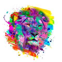 Foto op Canvas colorful artistic lion muzzle with bright paint splatters on dark background. © reznik_val
