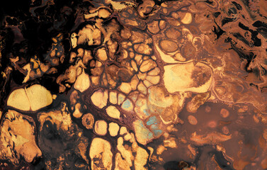 Art Abstract flow acrylic and watercolor marble blot painting. Brown, black and gold glitter  Color wave horizontal texture background.