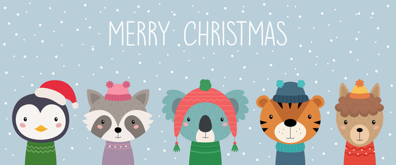 A postcard with Christmas animals. Merry Christmas. Penguin, raccoon, koala, tiger, alpaca. Cute animals in knitted hats and scarves. Vector illustration