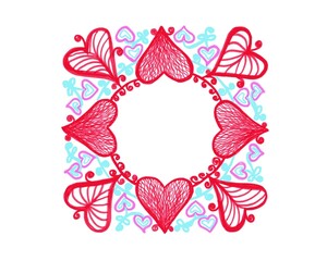 Heart, a colored pattern in the form of a frame of hearts of different colors and sizes, blank for a postcard and printing on paper, napkins, dishes