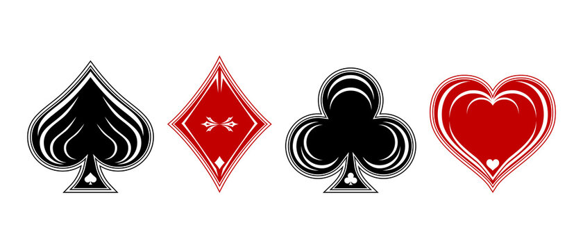 Poker and casino suit deck of playing cards on white background.