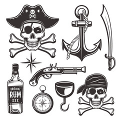 Pirates attributes set of objects and graphic elements in monochrome style Premium Vector 