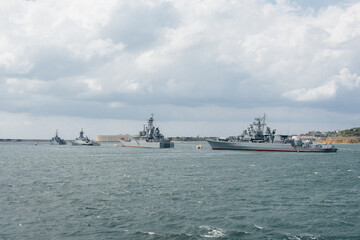 Modern ships of the Navy lined up for the festive parade. Modern ships of the Navy.