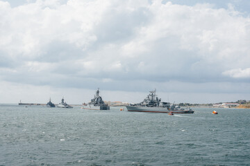 Modern ships of the Navy lined up for the festive parade. Modern ships of the Navy.