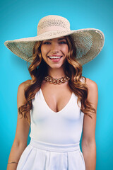 Portrait of beautiful young woman in elegant hat looking at camera and smiling