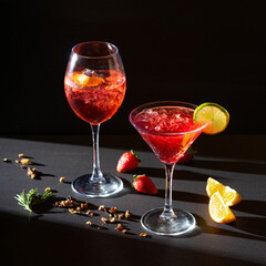Aperol Spritz red aperitif cocktails in glass with ice on black background