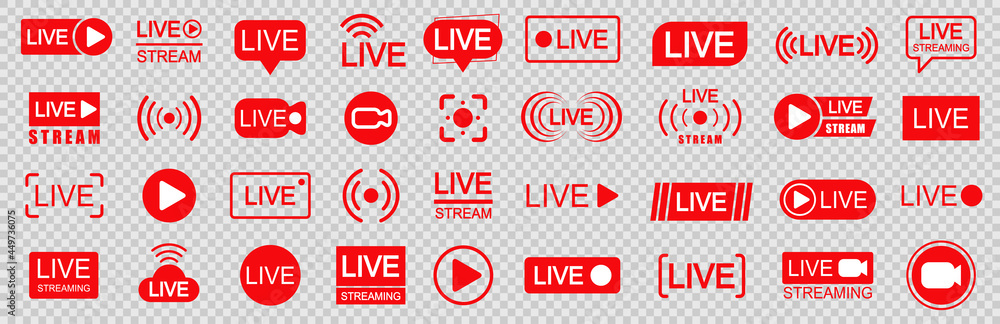 Aufkleber set of live streaming icons. set of video broadcasting and live streaming icon. button, red symbols 