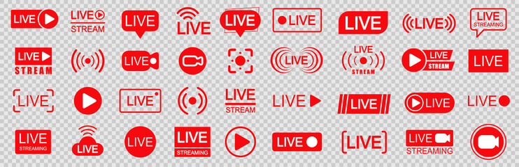 Set of live streaming icons. Set of video broadcasting and live streaming icon. Button, red symbols for TV, news, movies, shows - for stock - obrazy, fototapety, plakaty