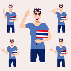 An attractive man with the Thailand flag. A set of fan emotions. Vector illustration on cartoon style