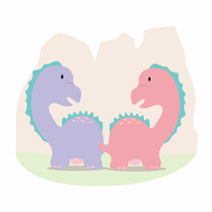 Illustration of a pink and purple dinosaur couple standing together in front of a mountain. Isolated from the background.