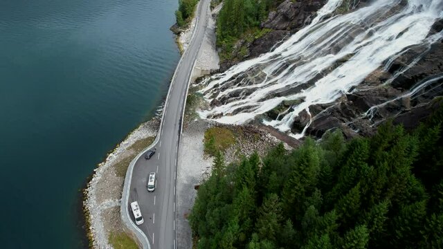 Norway Vestland Furebergfossen Waterfall Aerial View