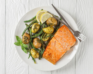 roast Salmon with pesto dressed veggies, top view