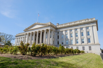The US Treasury Department in Washington DC on a perfect spring afternoon - 449737422