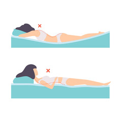 Woman Lying in Incorrect Sleeping Pose for Neck and Spine Vector Set