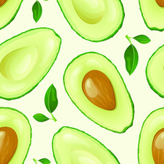 Vector seamless food pattern of avocado halves with bone and leaves. Natural healthy nutritious fruit.