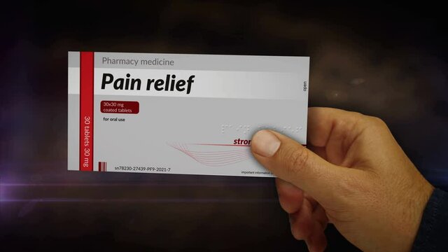 Pain relief tablets box in hand. Emergency painkiller, headache analgesic and help medical pills pack pack. Abstract concept 3d rendering animation.