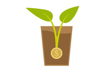 Icono de planta creciendo a partir de una moneda de dolar.