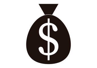 Icono negro de saco de dólares en fondo blanco.