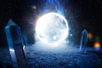 Round mystical portal. Neon color geometric circle on dark background. Futuristic smoke. 