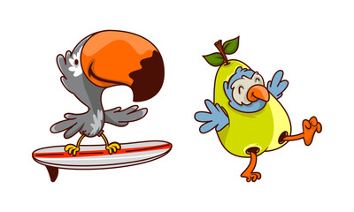 Funny Humanized Bird Character Skateboarding and Wearing Pear Costume Vector Set