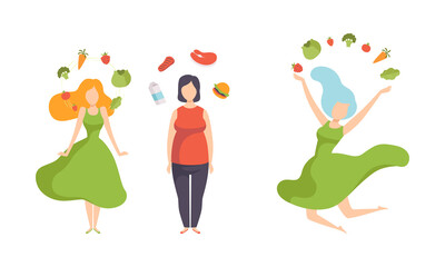 Obraz na płótnie Canvas Young Female Eating Healthy Vegan Food Feeling Light and Energy Vector Set