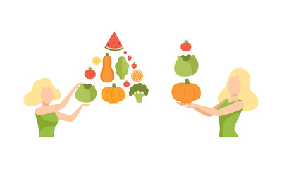 Young Female with Healthy Vegan Food Having Light and Energy Vector Set