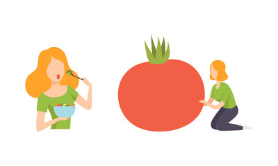 Young Female with Healthy Vegan Food Having Light and Energy Vector Set