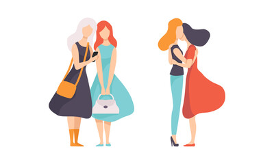 Female Friend Spending Time Together Embracing and Walking Vector Set