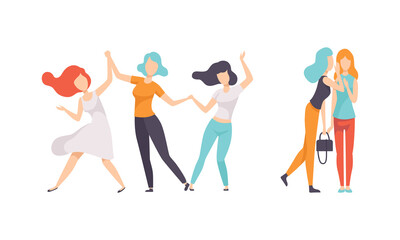 Female Friend Spending Time Together Dancing and Gossiping Vector Set