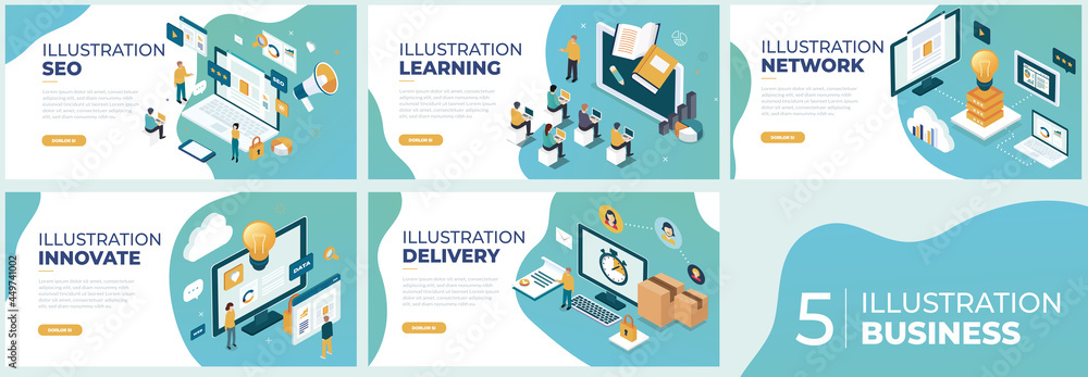 Wall mural business isometric illustrations. mega set. collection of scenes with men and women taking part in b