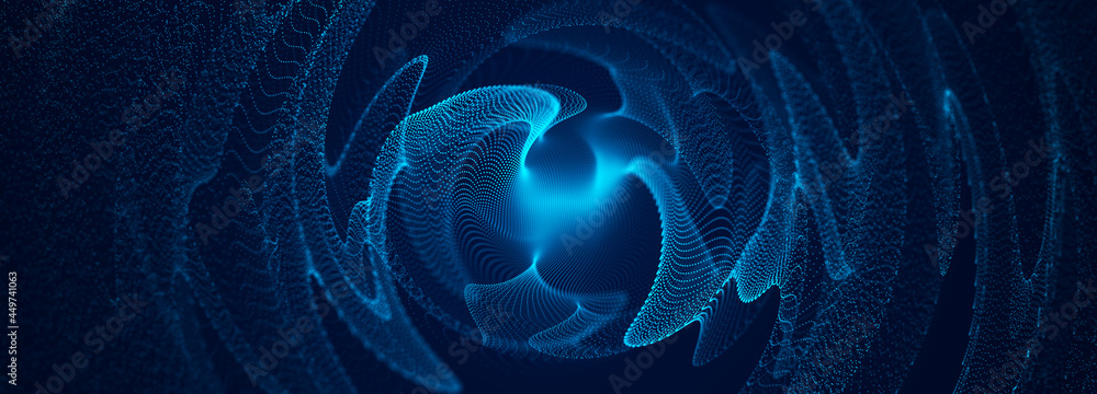 Poster Abstract blue background of points. Swirling structure of dots. Cyber particles. Big data stream. 3d rendering