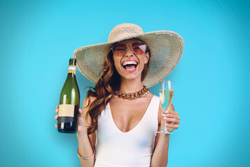 Beautiful young smiling woman in elegant hat holding champagne bottle and drinking glass