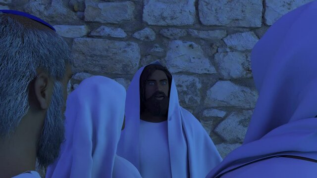3D render Jesus Christ speaking with Mary Magdalene and his disciples at night, left view