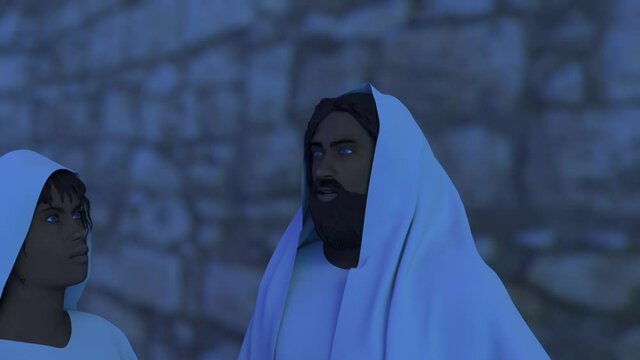 3D render Jesus Christ speaking with Mary Magdalene at night, rigth view