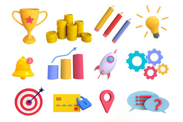 Business icons set 3D. Volumetric Icons for mobile app, web design and infographic elements of business and management.