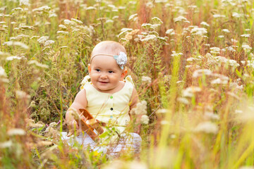 Toddler sits in the grass on a field among wildflowers with a wooden toy airplane in his hands