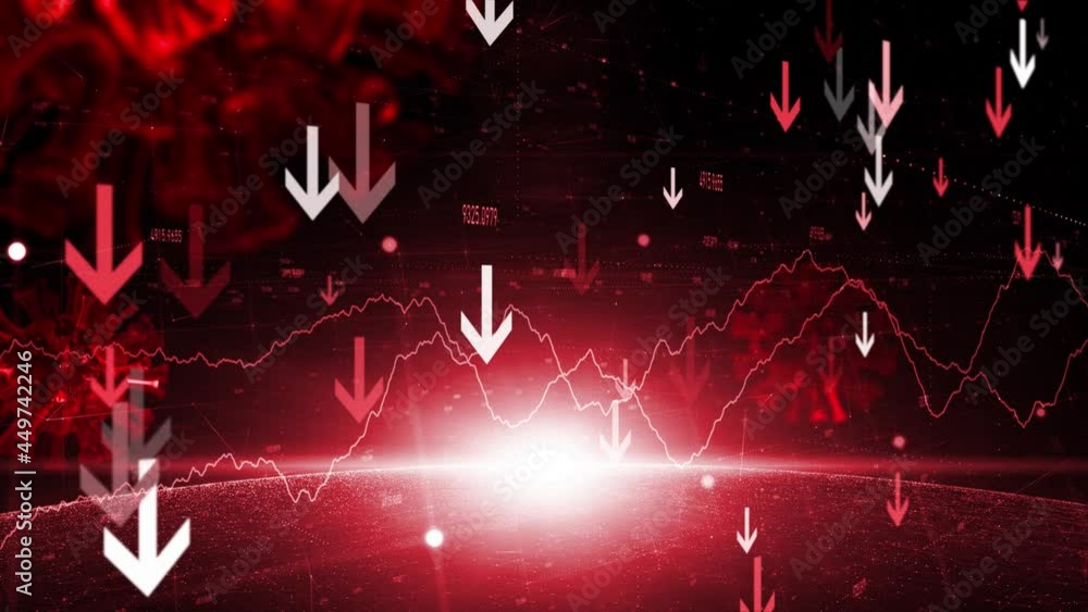 Poster conceptual negative business infographic red coloured background with down pointing arrows.