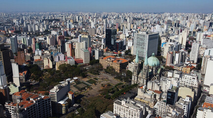 Aerial view of Se Cathedral and plaza located in downtown Sao Paulo, Brazil, the largest and most populated city in Latin America.