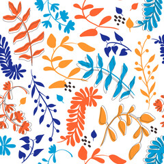 Seamless pattern with multi-colored bright twigs and stems with leaves and berries.
