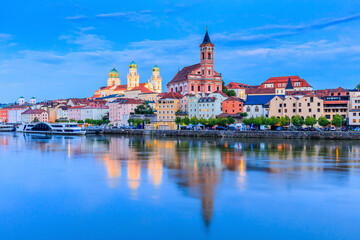 Passau, Germany. Panorama of the "City of Three Rivers" in front of the Danube river.