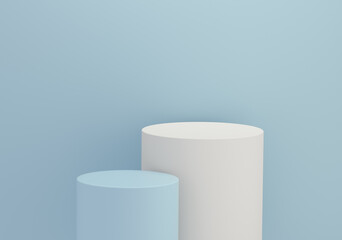 Cylindrical podium for product display on blue background. Empty podium platform.