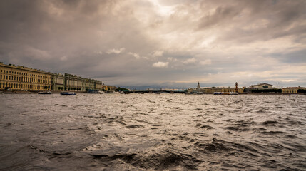 Panorama of St. Petersburg during bad weather, view from the Neva River bed