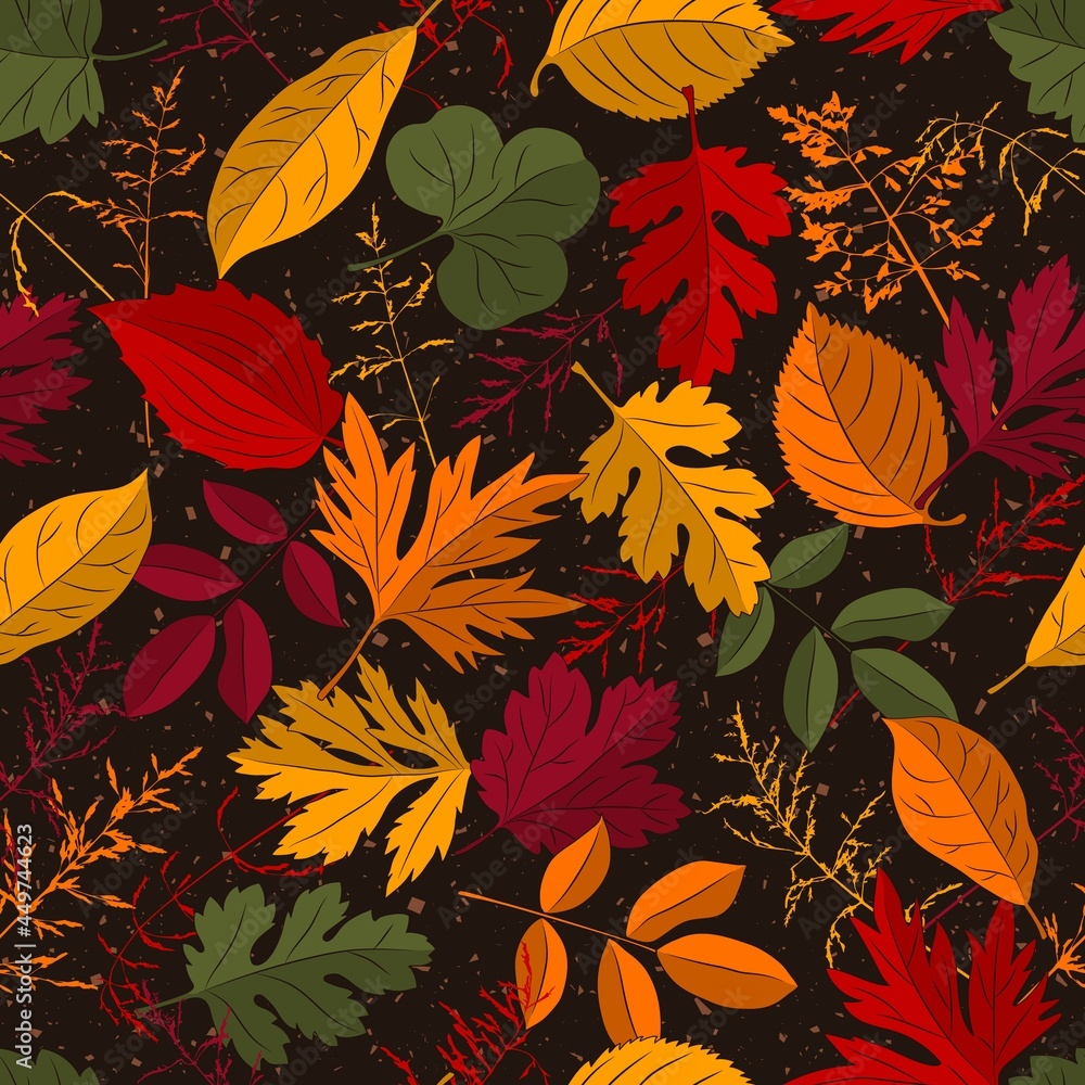 Aufkleber seamless vector pattern with overlapping colorful autumn leaves, grass on dark background.